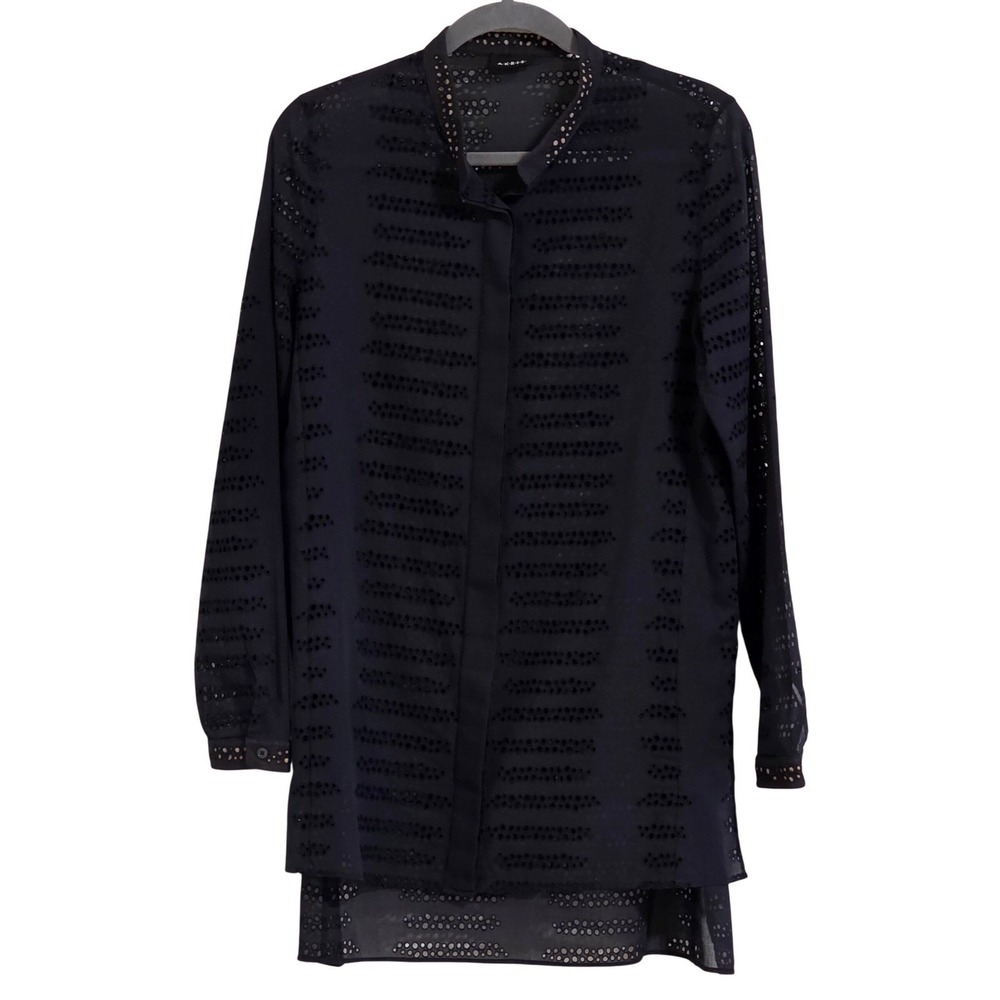 Akris Navy Blue Eyelet Sheer Long Sleeve Tunic Shirt Top Women's US 10 Button Up
